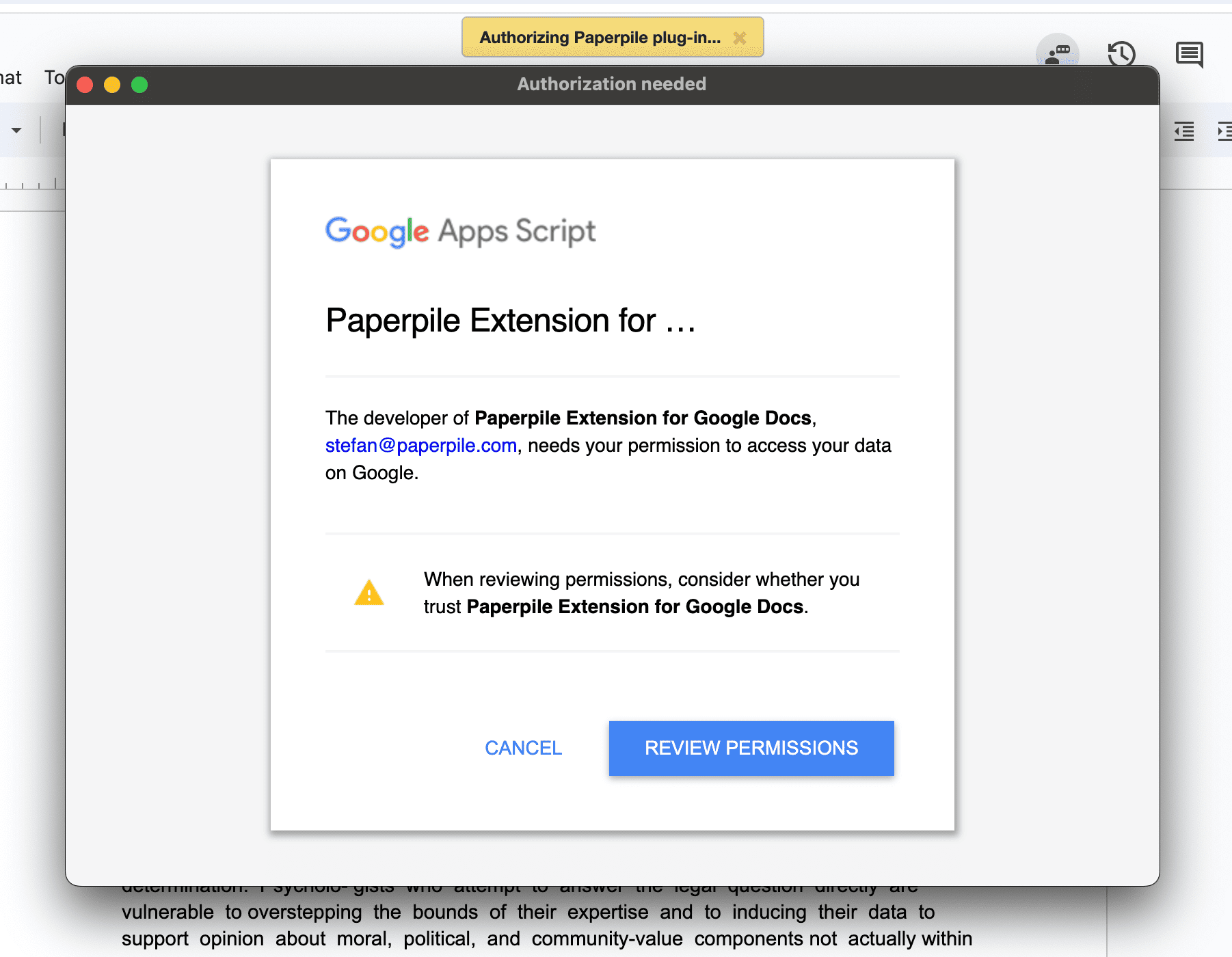 A Google Apps Script “Authorization needed” window for the Paperpile Extension for Google Docs, noting that the developer needs permission to access your data, with CANCEL and “REVIEW PERMISSIONS” buttons.